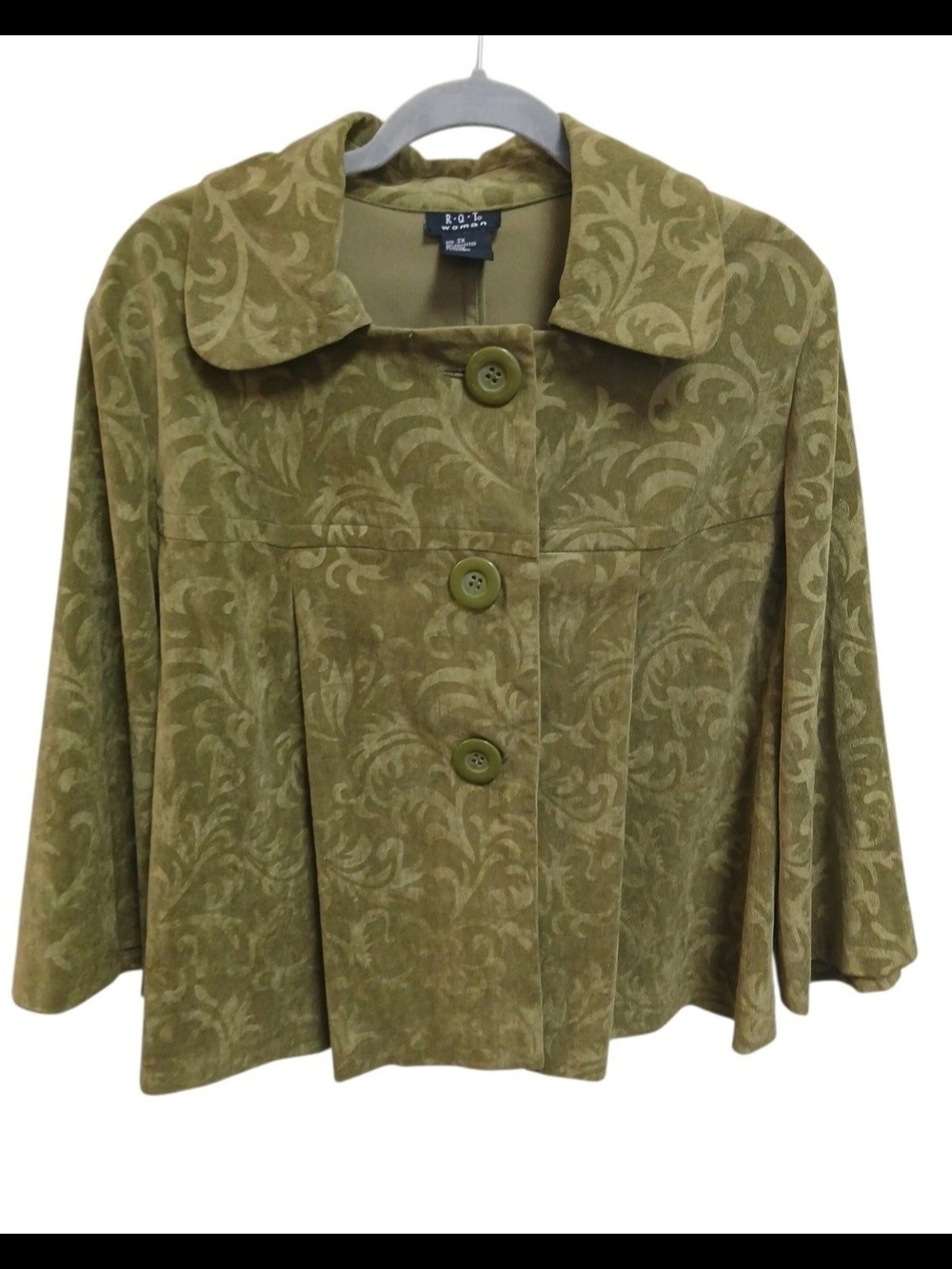 Olive Green Velvet Floral-Pattern Cape Jacket